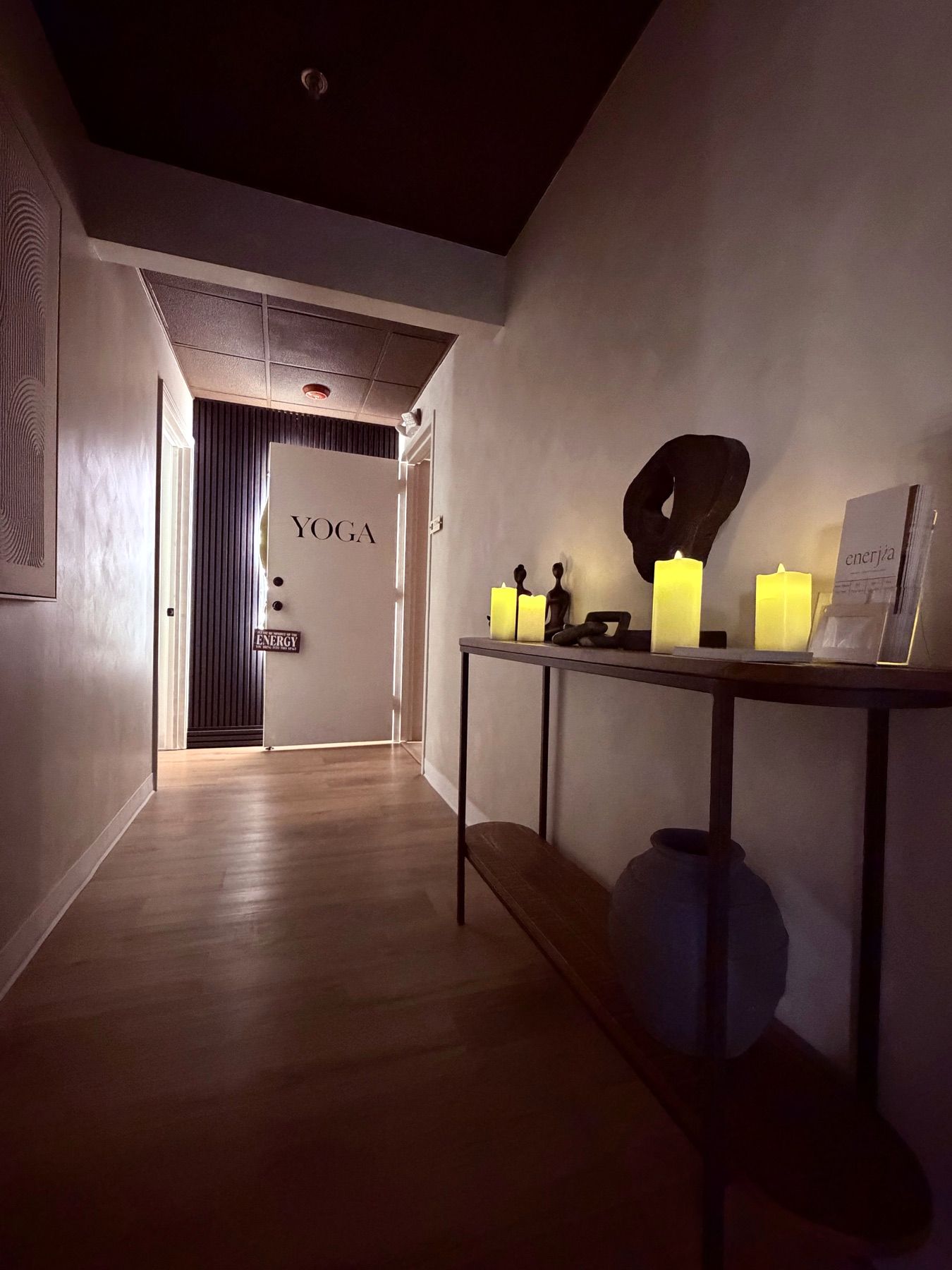 The candlelit hallway into the Enerjia studio